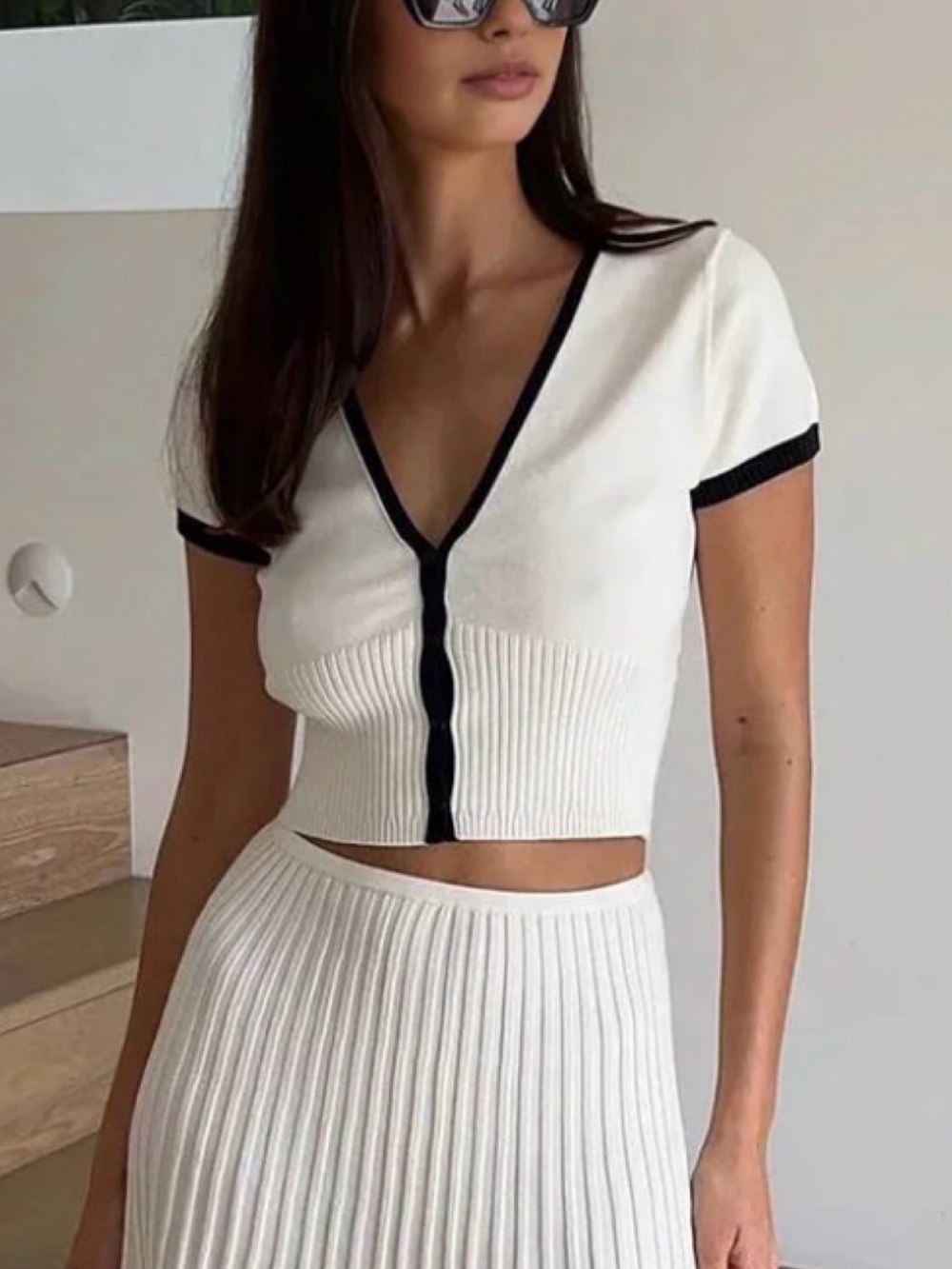 Meshki Jolene White Crop Knit Top with Black Contrast Trim Size S
